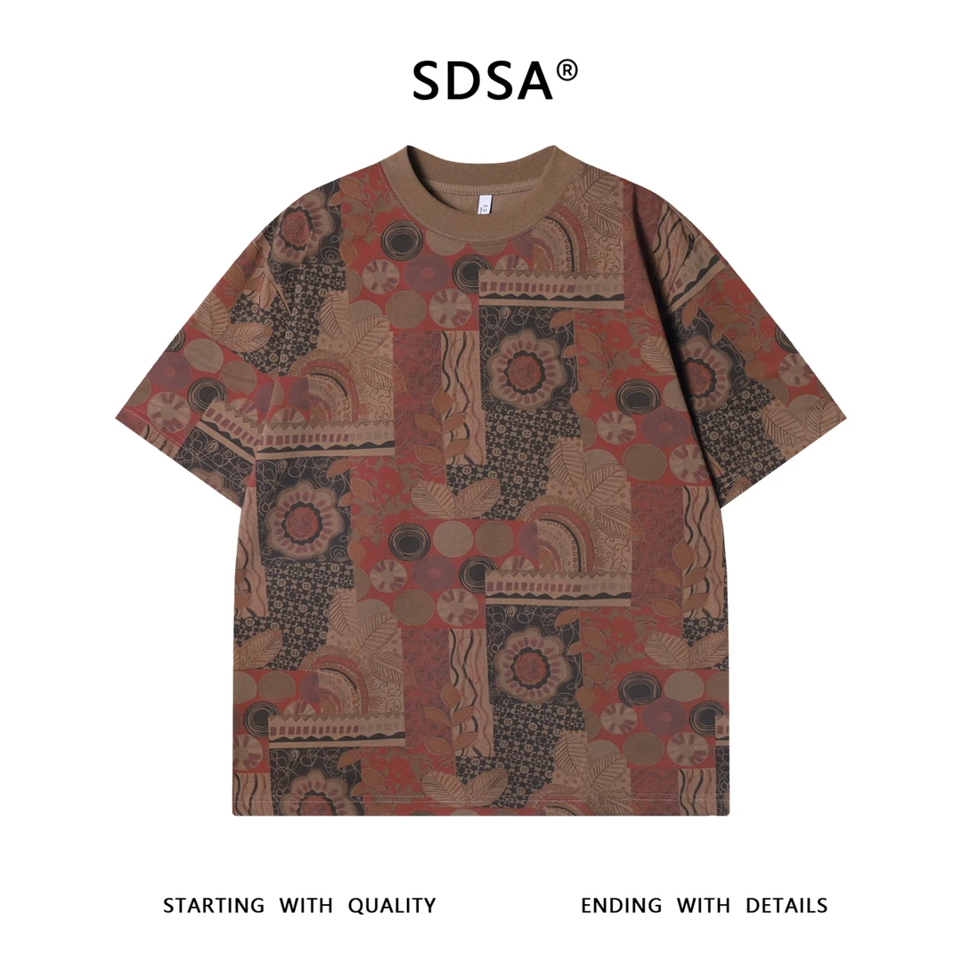 夏季高级感新款国风花卉图形圆领短袖T恤国潮百搭舒适套头上衣