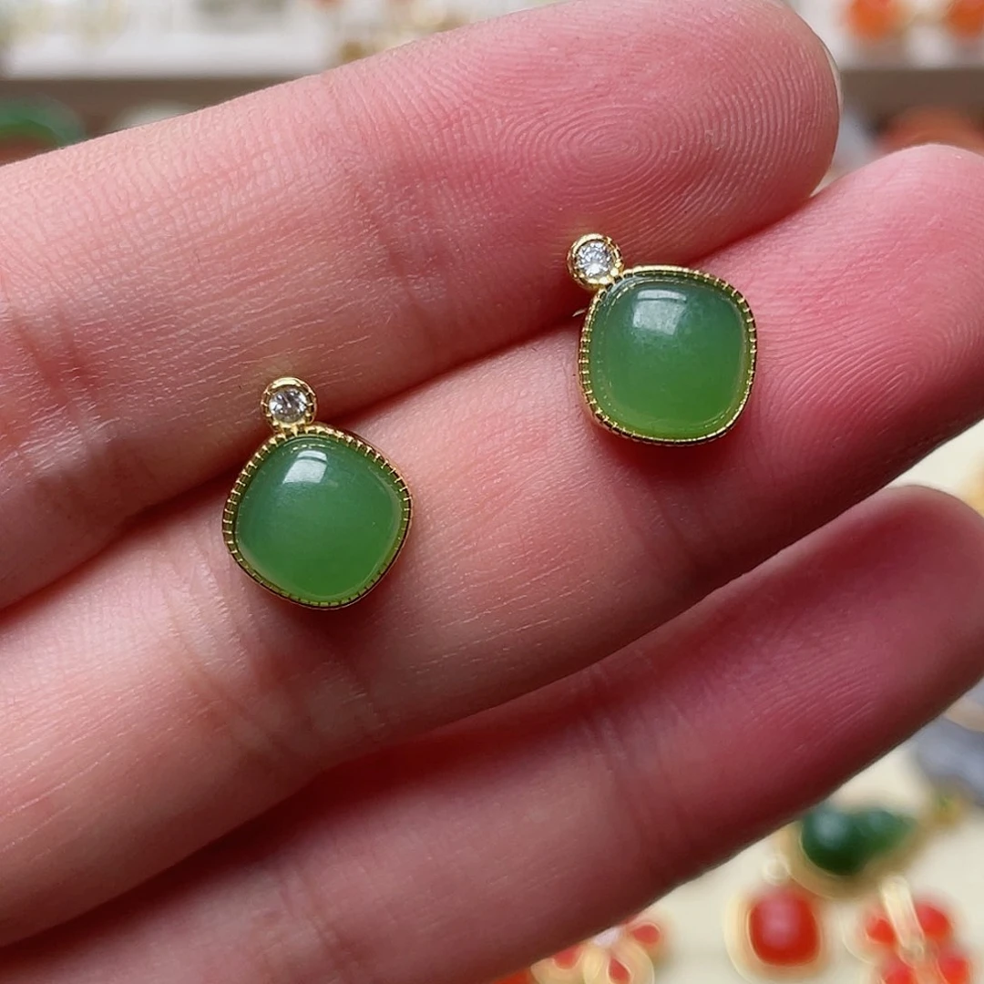 和田玉耳钉银S925镶嵌