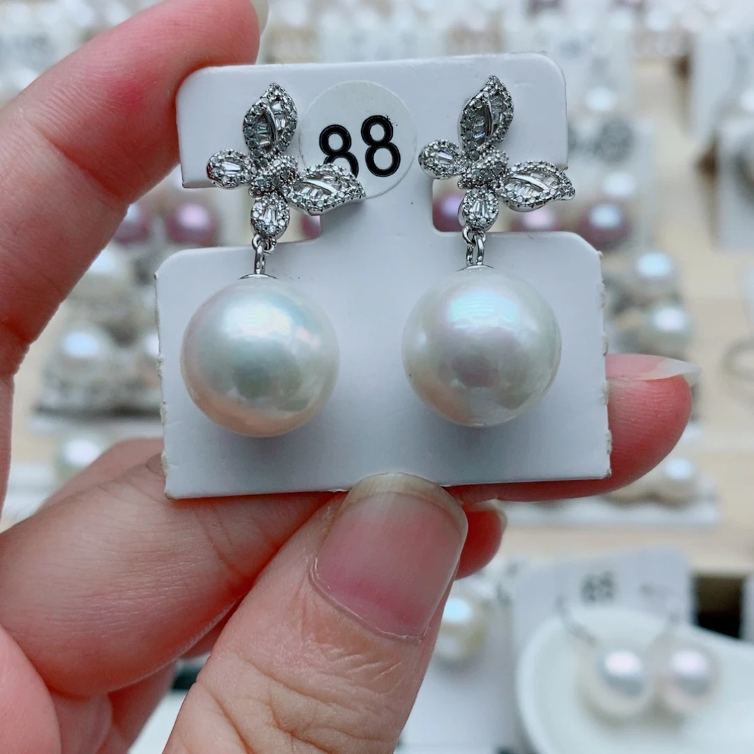 银S925镶嵌耳饰淡水珍珠13mm