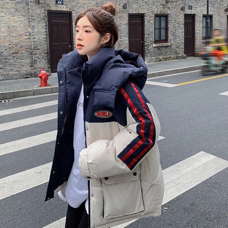 面包服拼色棉服2025年新款ins女韩版宽松棉衣连帽加厚棉袄外套潮