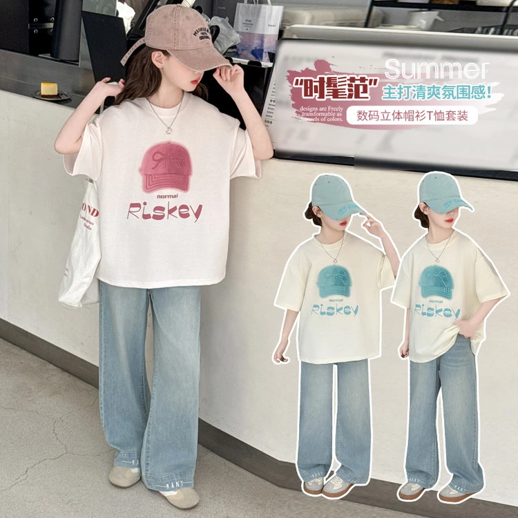 夏季新款女童短袖阔腿牛仔套装中大童6-12岁潮款休闲百搭2025洋气