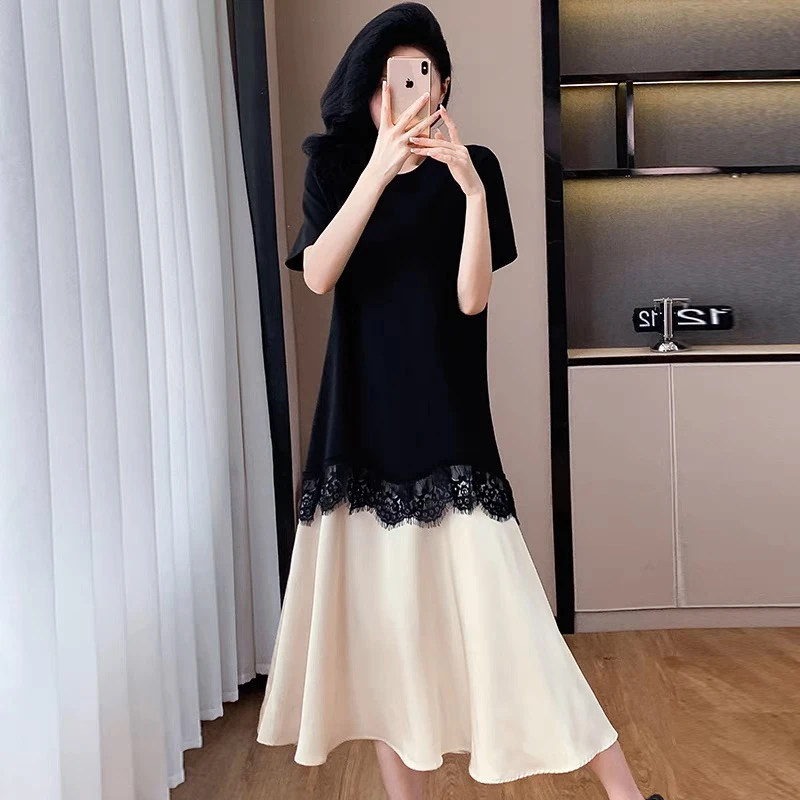 大码女装2025夏新款胖mm时尚宽松洋气奢华蕾丝花边撞色拼接连衣裙