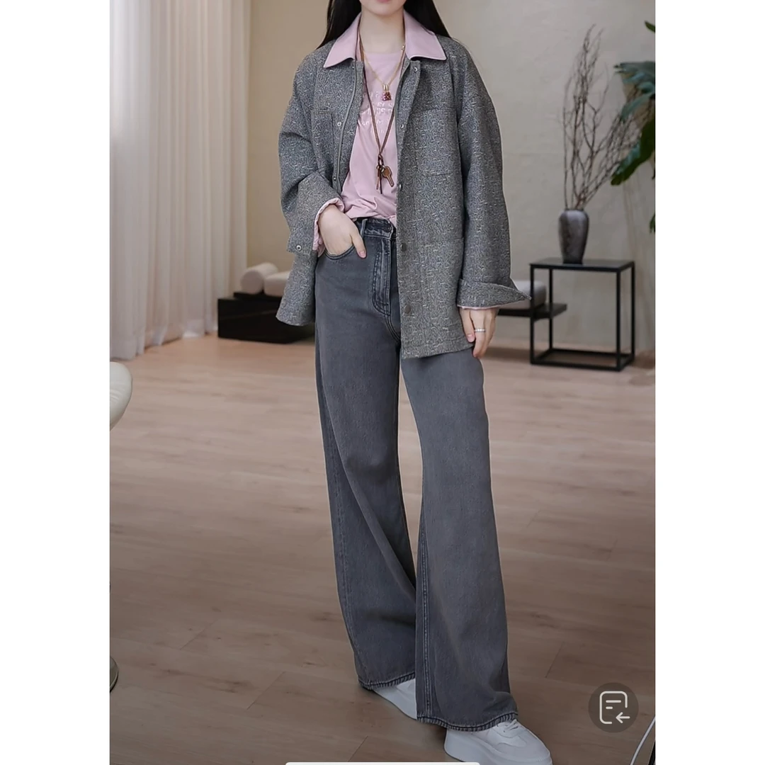 PM王囡囡 粉灰撞色时尚翻领外套 NC1D1351