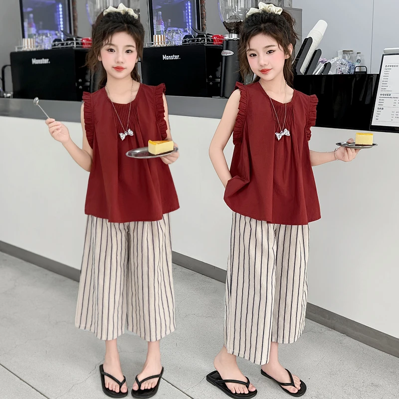 女大童娃娃衫套装夏季2025新款女孩韩版薄款阔腿裤休闲夏装两件套