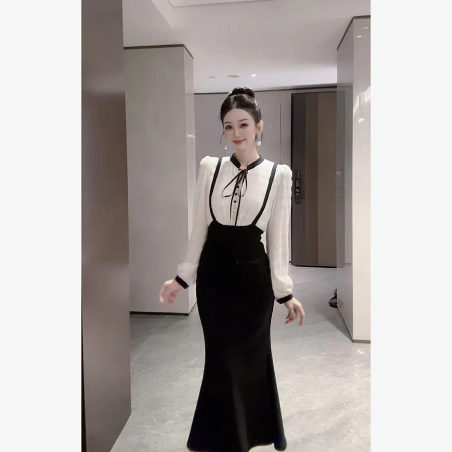 【小茵家】假两件秋冬高腰修身鱼尾连衣裙拼接女神款