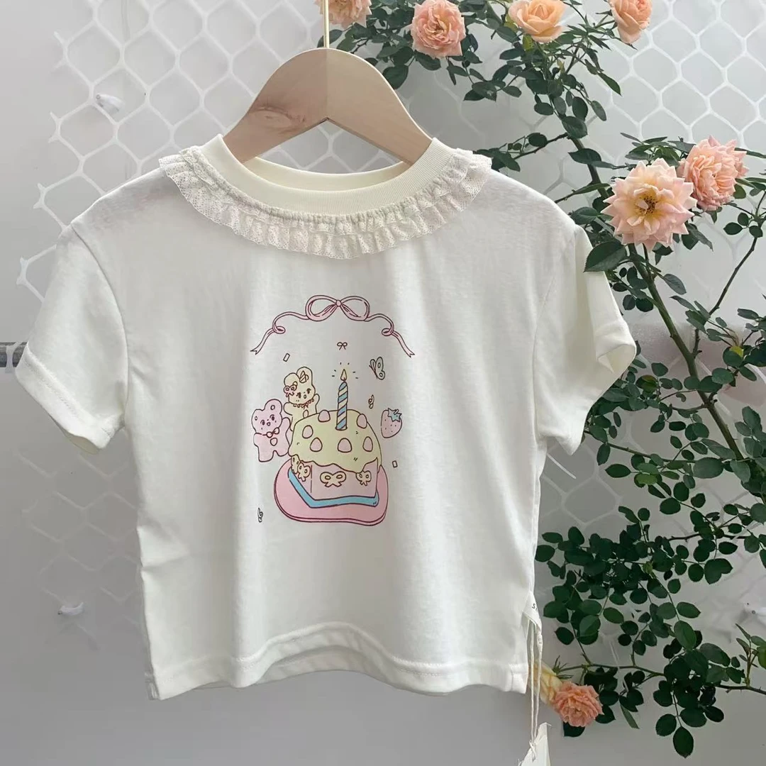 女童夏季短袖花边白色T恤夏装宝宝蛋糕洋气打底透气上衣儿童服装