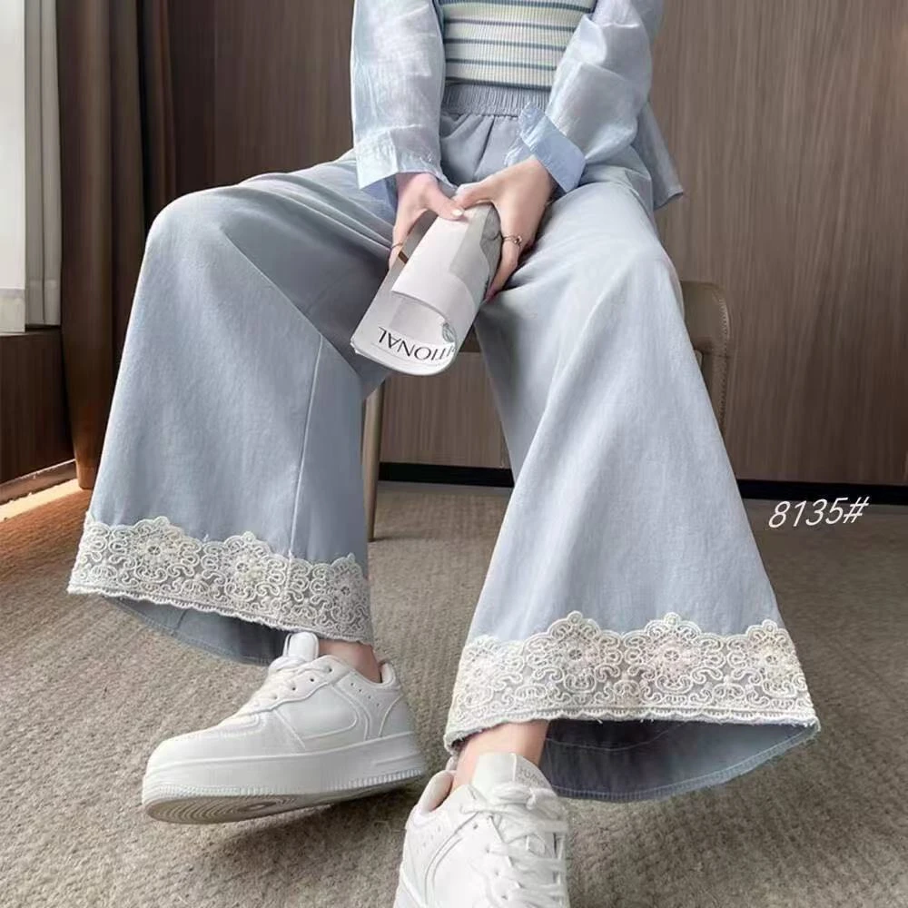 蕾丝花边拼斜纹夏季新款时尚显瘦高级感宽松休闲小个九分阔腿裤女