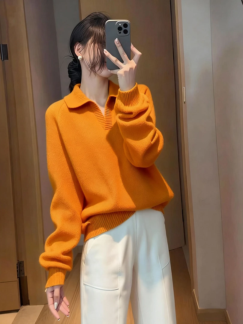 高级感百搭时尚气质日常通勤橘黄色上衣女2025冬翻领长袖针织毛衣