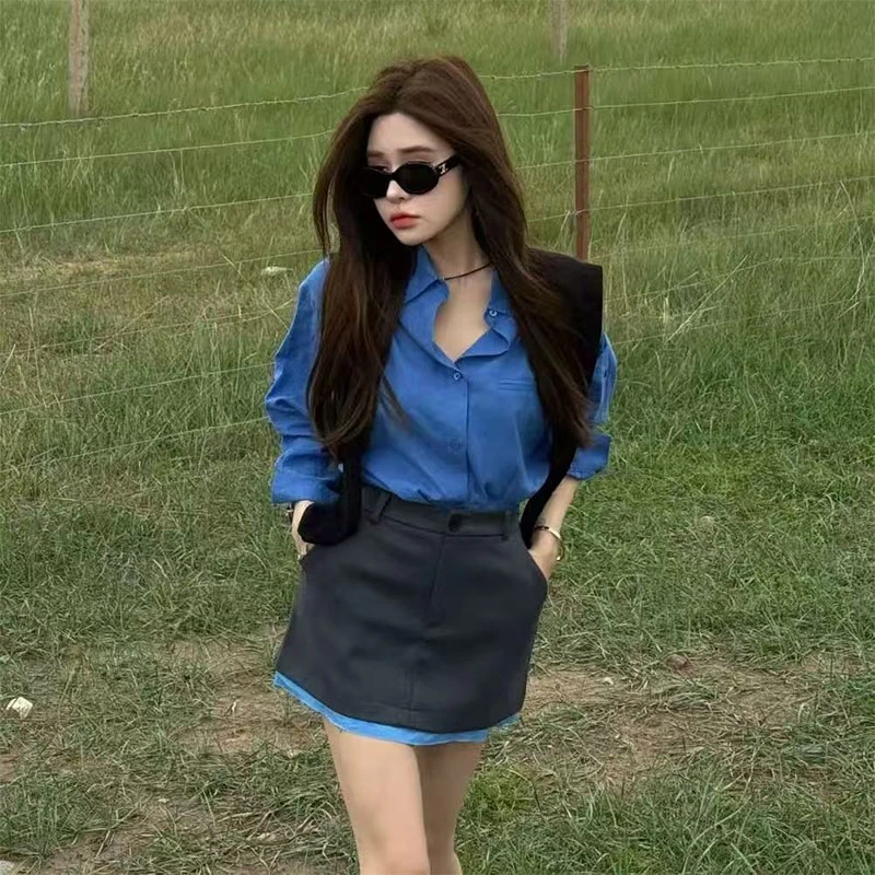 米娜家草原娜日太泡菜订制衬衫+披肩＋灰色蓝边西装半裙套装时尚