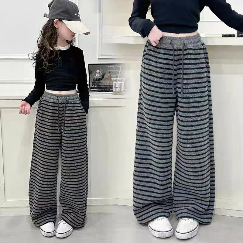 亲子款条纹裤2025春季新款阔腿裤韩版中大童休闲宽松拖地直筒裤