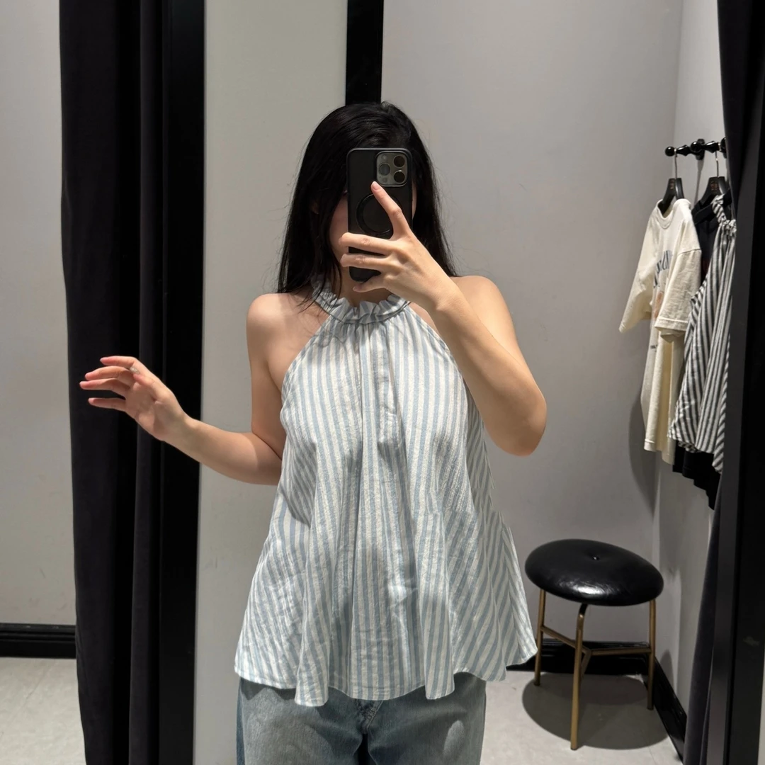 【六哥家】夏季新款 M 纯棉休闲百搭衬衫荷叶领露肩条纹吊带上衣
