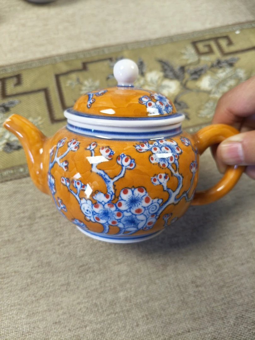 景德镇陶瓷全手工手绘红稀土满工绘画冰梅茶壶