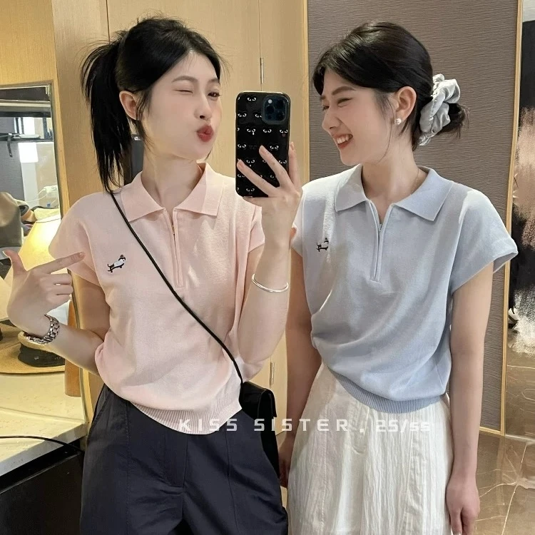 韩系蓝色半拉链polo领针织短袖t恤女夏季小个子短款冰丝上衣正肩