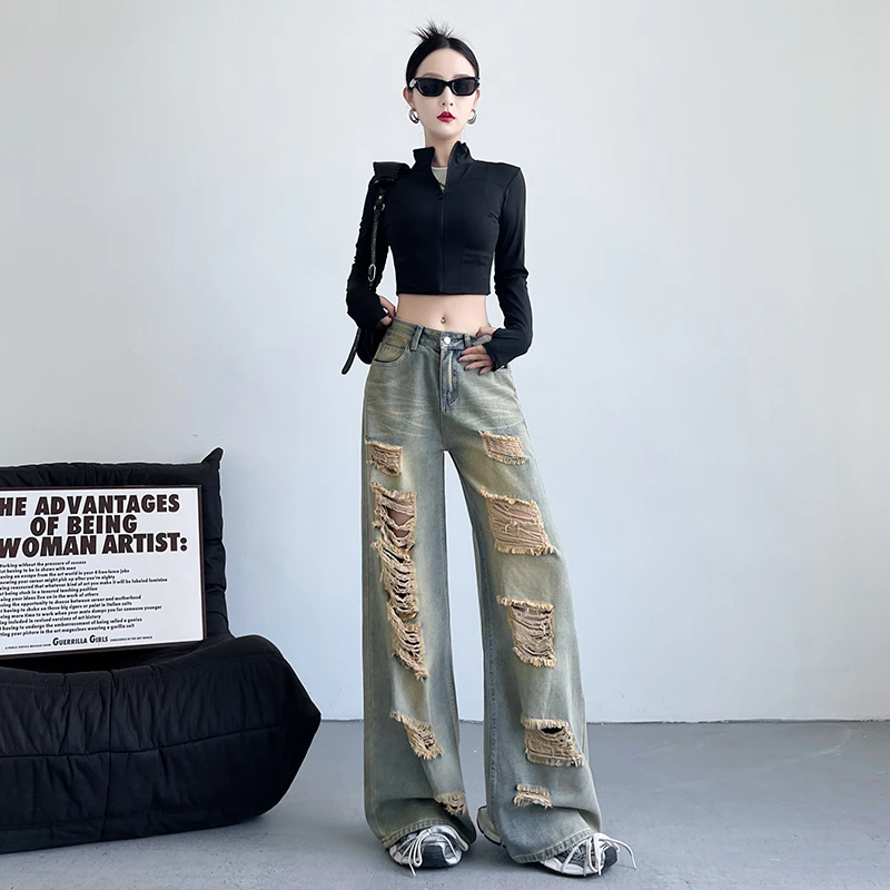 早秋酷酷飒透气乞丐破洞直筒牛仔裤女水洗做旧高腰宽松阔腿拖地裤