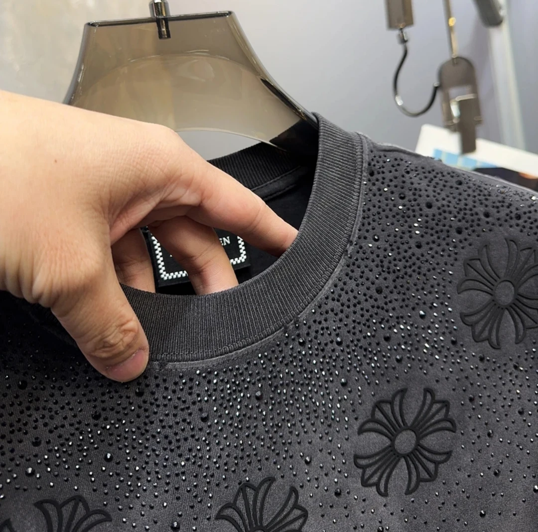 黑白奥钻满天星轻奢高端纯棉T恤短袖水洗做旧时尚百搭