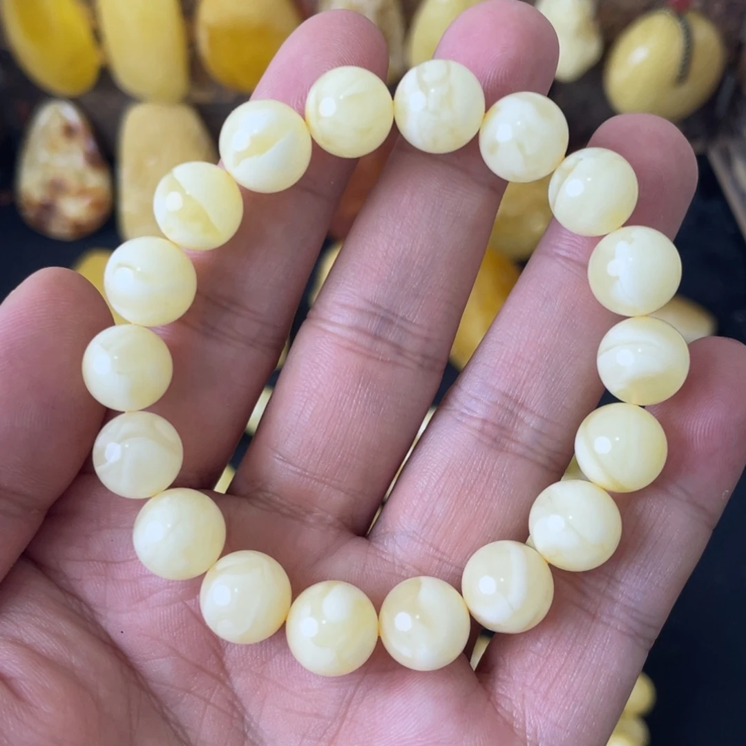 琥珀未镶嵌手串11+俄料妖白花圆珠手串