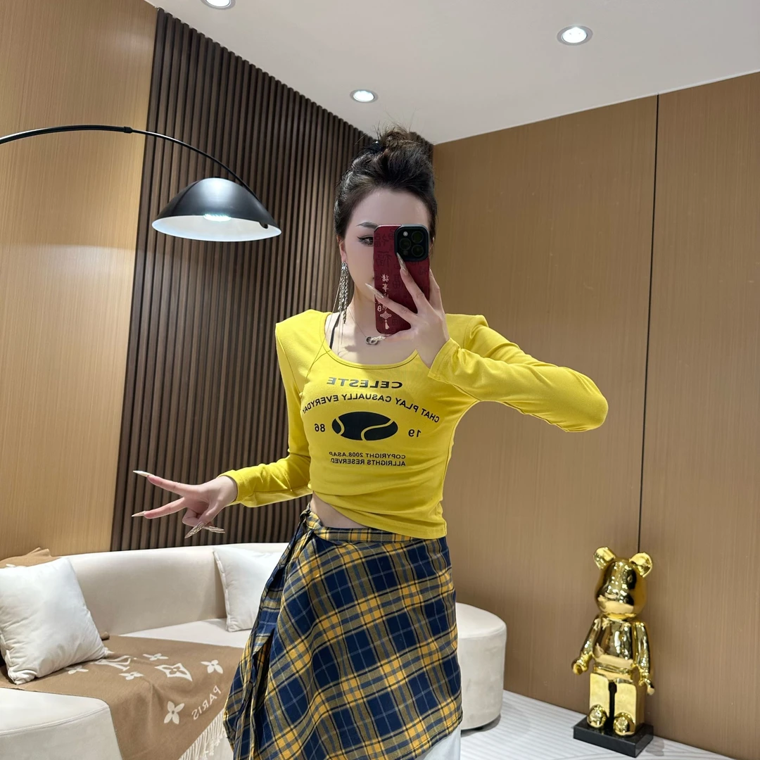 DA901【字母印花T恤】春款带胸垫长袖T恤U领打底衫显瘦韩系上衣