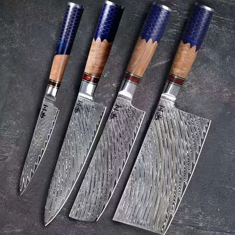 真大马士革蜂窝树脂柳木羽毛纹四件套中式主厨平头水果套装刀