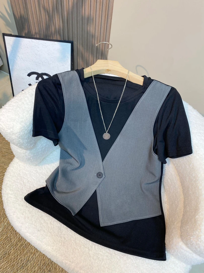 设计感重工拼接假两件圆领短袖T恤夏季新款时尚百搭显瘦上衣1057