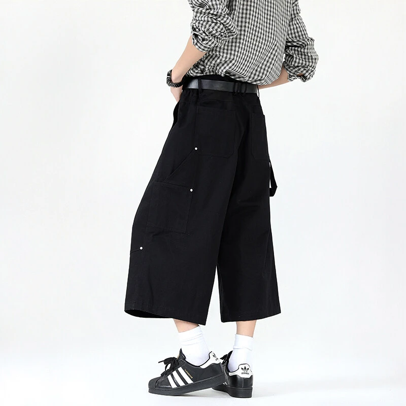 日系复古时尚纯色简约直筒工装短裤男夏季休闲百搭垂感阔腿七分裤
