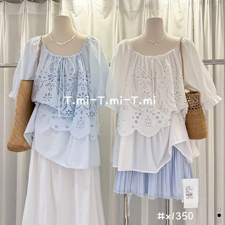 Tmi x1350大码韩系镂空娃娃衫女夏新款宽松显瘦短袖上衣假两件套