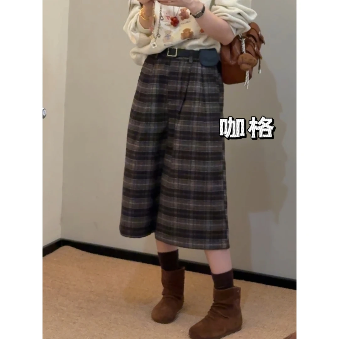 老赵服饰 高腰阔腿格子七分裤休闲直筒裤21AU3943