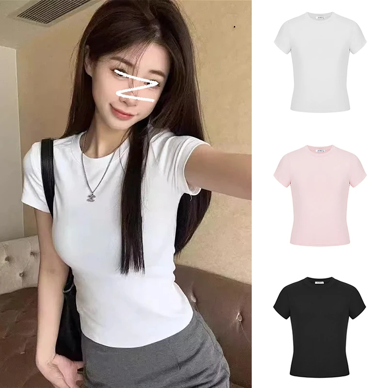 Moses Queen/魔西女王正肩圆领简约纯色修身收腰显瘦短袖上衣