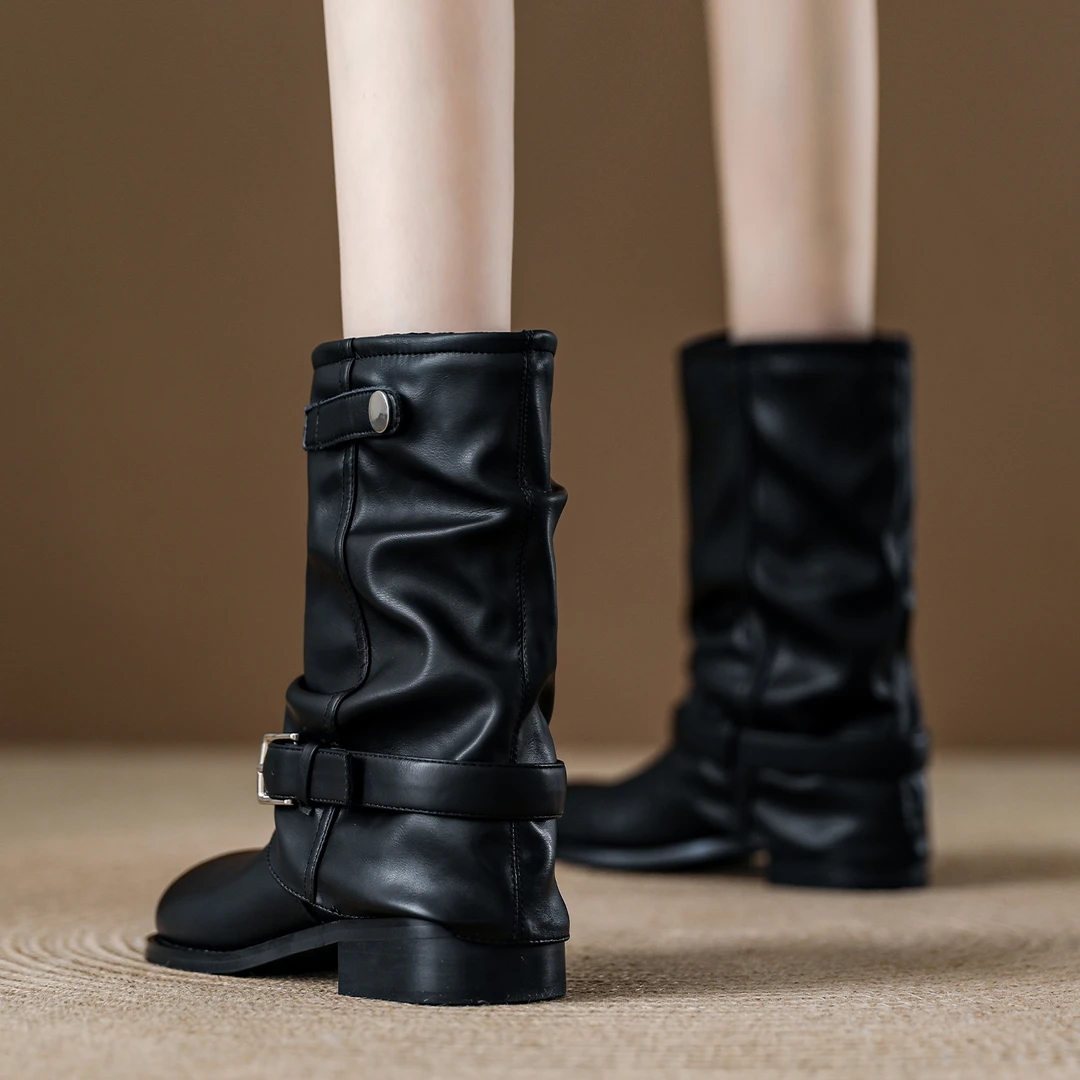 复古美拉德时装靴2025秋季新款中筒短靴西部牛仔堆堆靴骑士马丁靴