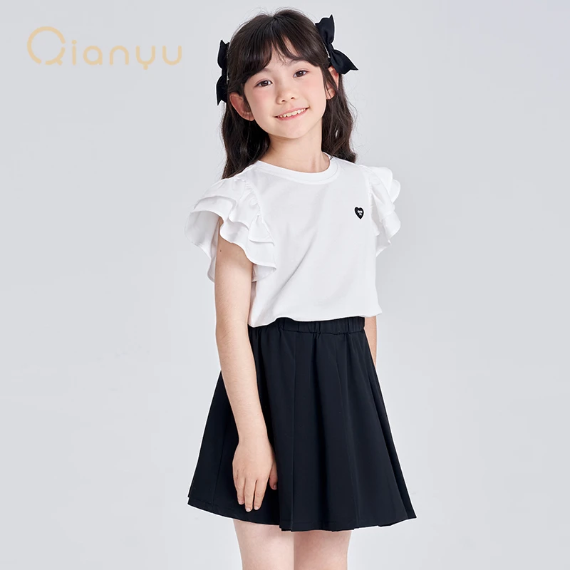 千与女童韩版t恤夏季荷叶边洋气百搭趣味爱心标短袖t恤Q32520403