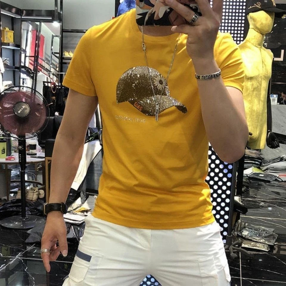 欧洲站夏短袖T恤男新款欧洲站潮牌帽子烫钻网红个性潮流修身半袖