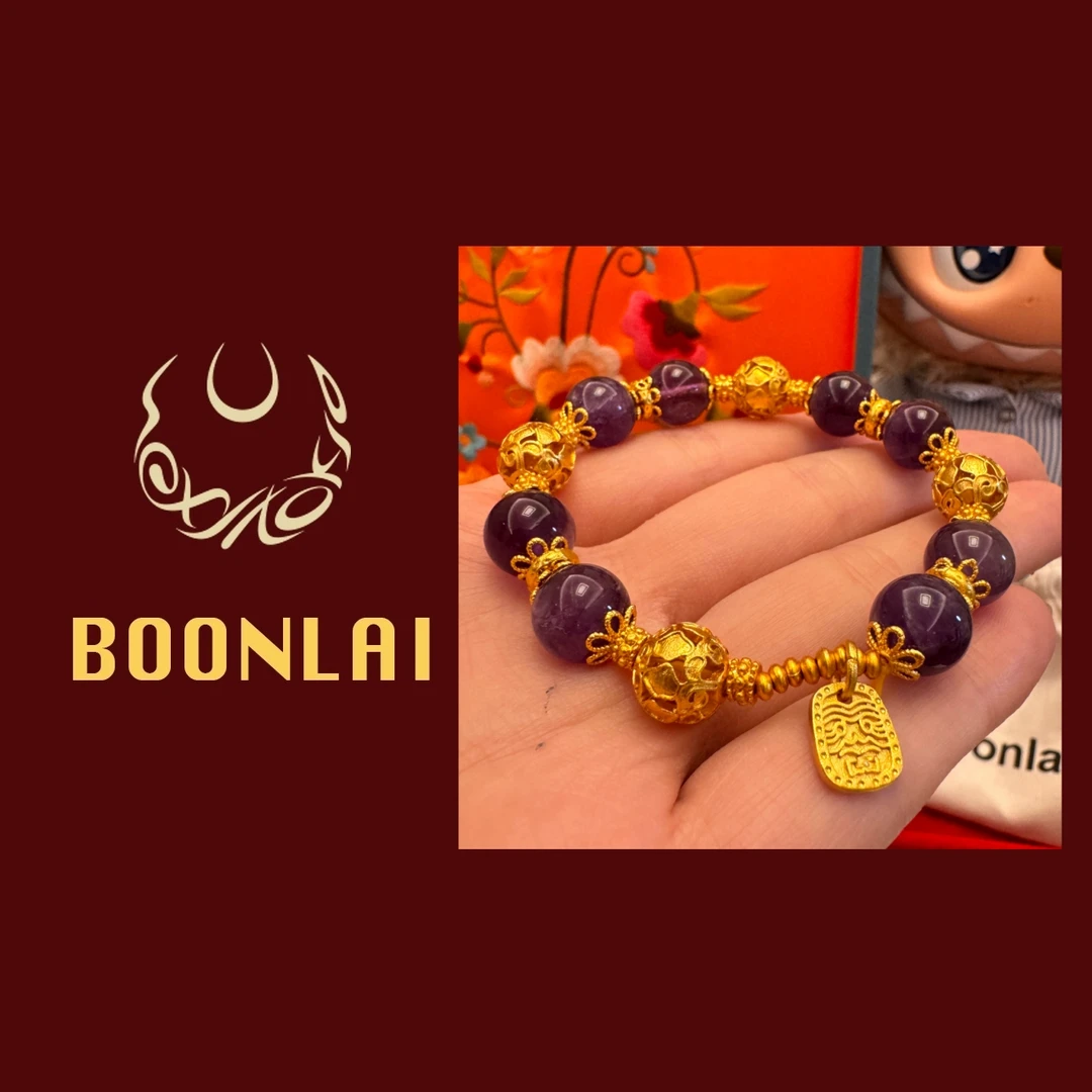 铜合金莫桑石手链 Boonlai 紫色珠珠金色珠珠金牌手串3136