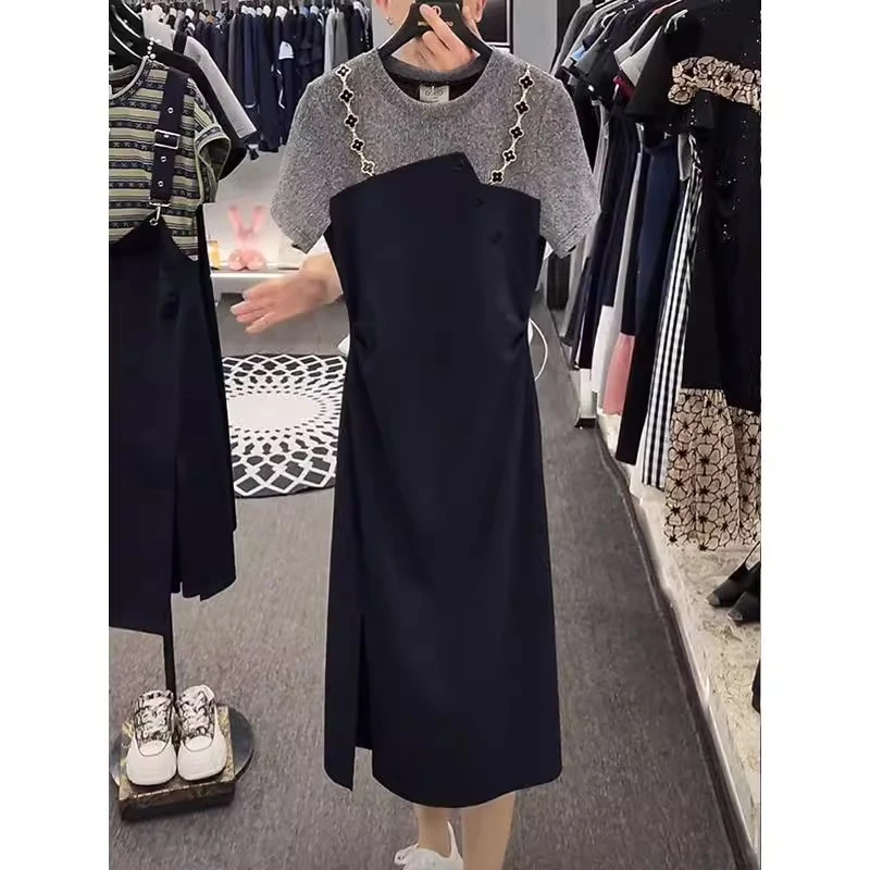 2025夏季新款轻奢爆款双肩设计拼接假两件收腰显瘦气质开叉连衣裙