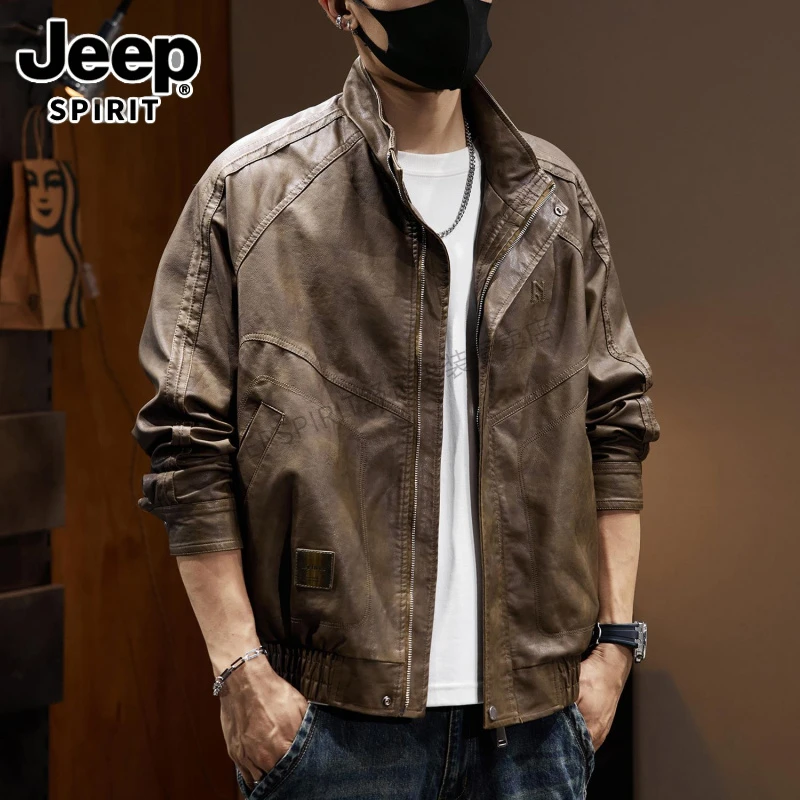 Jeep吉普美拉德复古机车夹克男2025春秋新款宽松大码立领皮衣外套