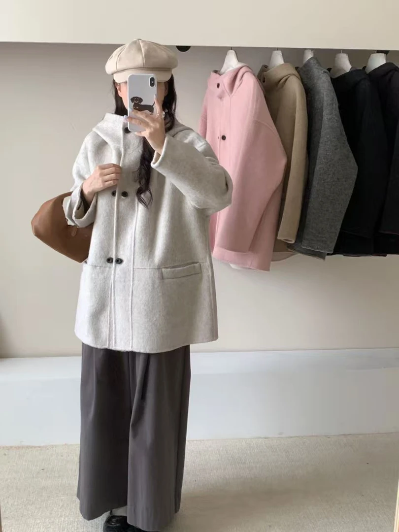 883502#双面中长款连帽秋冬毛呢大衣外套韩版百搭气质双面呢