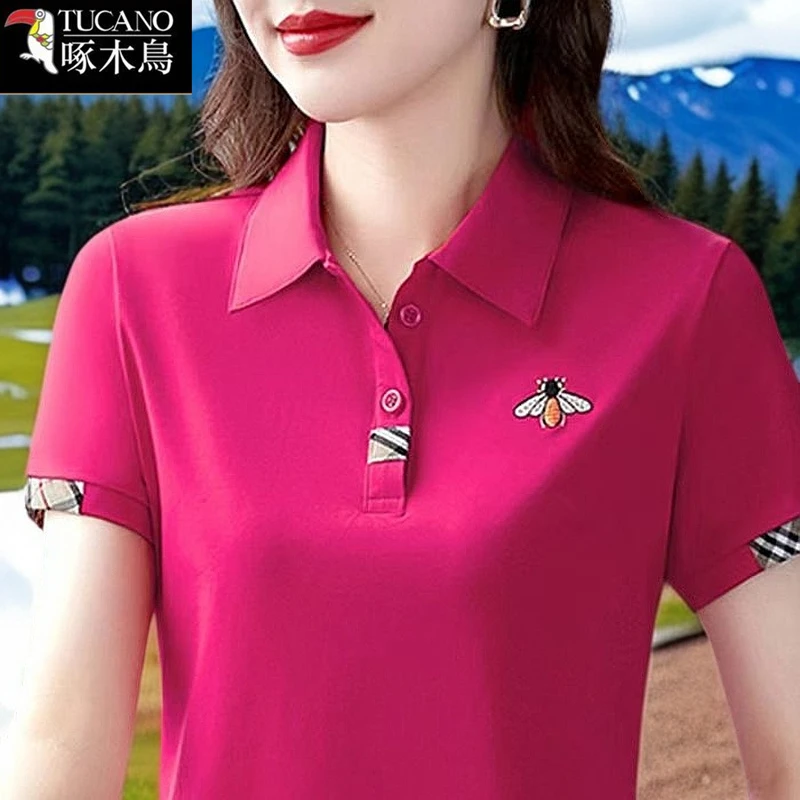 啄木鸟夏季薄款短袖POLO领t恤2025年新款刺绣时尚减龄百搭上衣女
