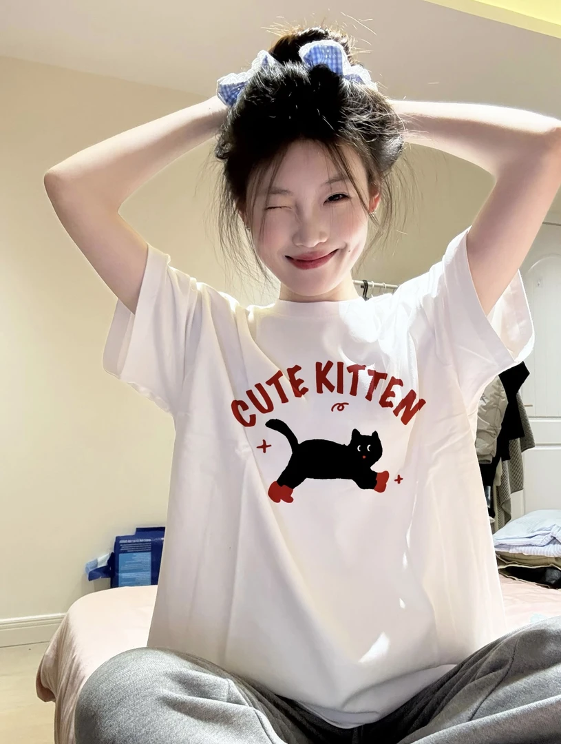 夏季白色纯棉短袖t恤女新款猫咪印花情侣美式设计感半袖宽松上衣