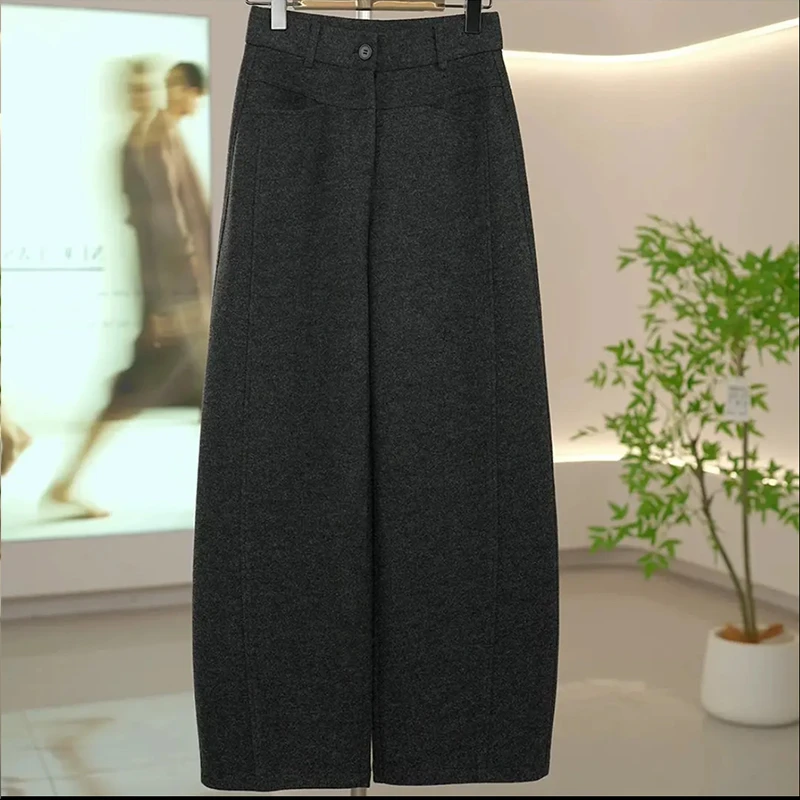 【雪花绒羊毛弯刀裤】高腰显瘦大口袋羊毛呢加绒加厚长裤休闲香蕉裤