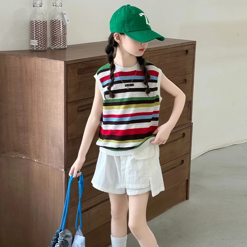 女童夏季新款韩版洋气甜美休闲条纹无袖针织马甲时髦背心短裤套装