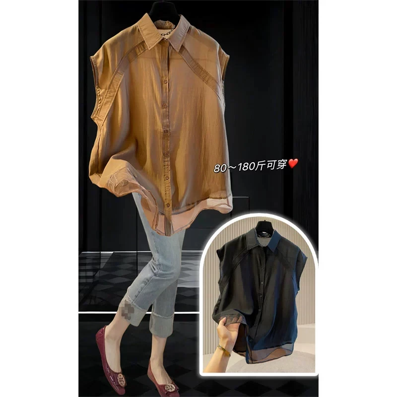 夏季新款设计感无袖衬衫上衣女胖妹妹气质大码宽松休闲百搭衬衣潮