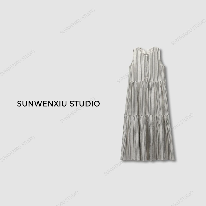 swx studio3店 “学院生”100%全棉减龄复古宽松无袖条纹连衣裙