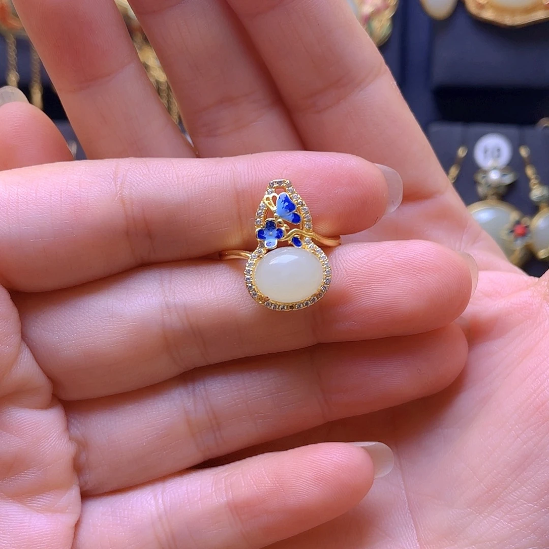 和田玉银S925镀金镶嵌戒指