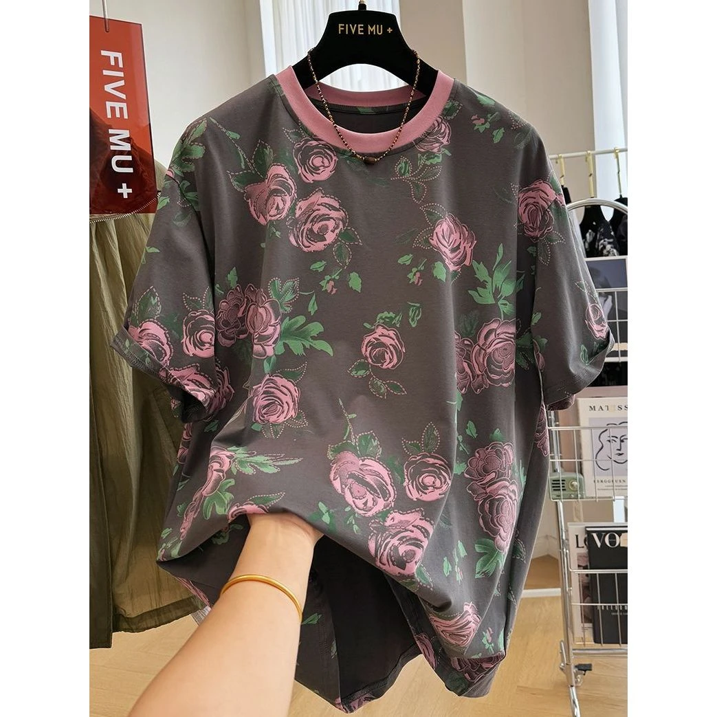 大码胖mm复古印花洋气圆领短袖T恤女夏季独特宽松半袖上衣体恤