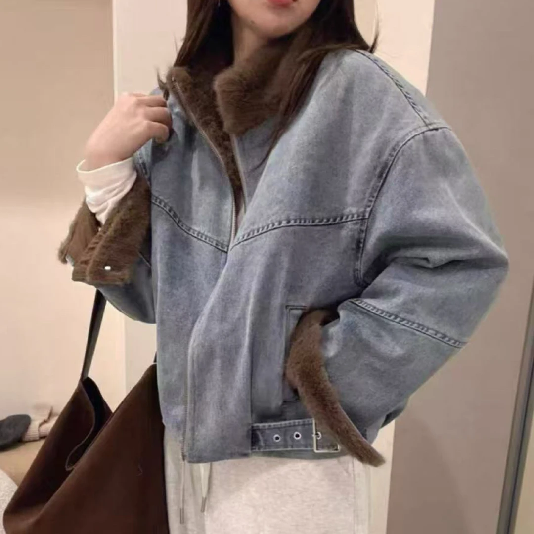 桃子自制 75300 韩版毛毛拼接立领加厚牛仔外套