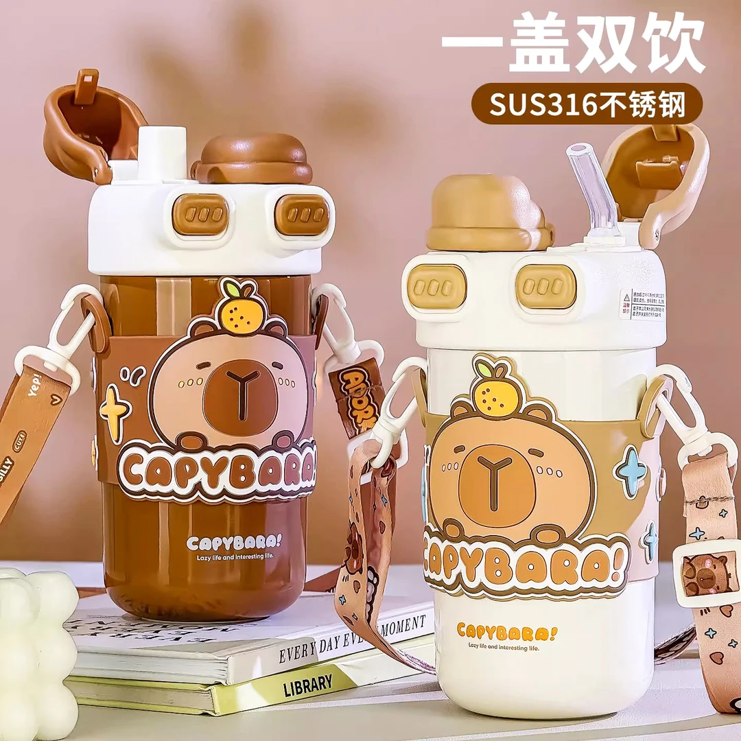卡皮巴拉儿童保温杯316不锈钢大容量水杯双饮吸管杯男女孩上学用