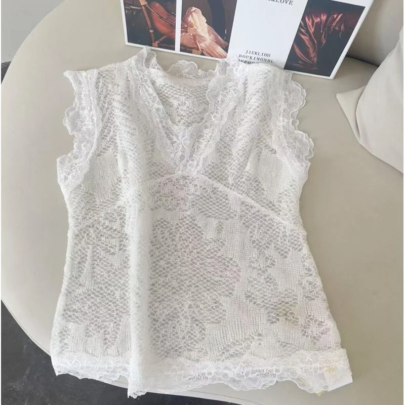 【百分百山羊绒】轻奢255079-100山羊绒时尚百搭蕾丝镂空针织背心