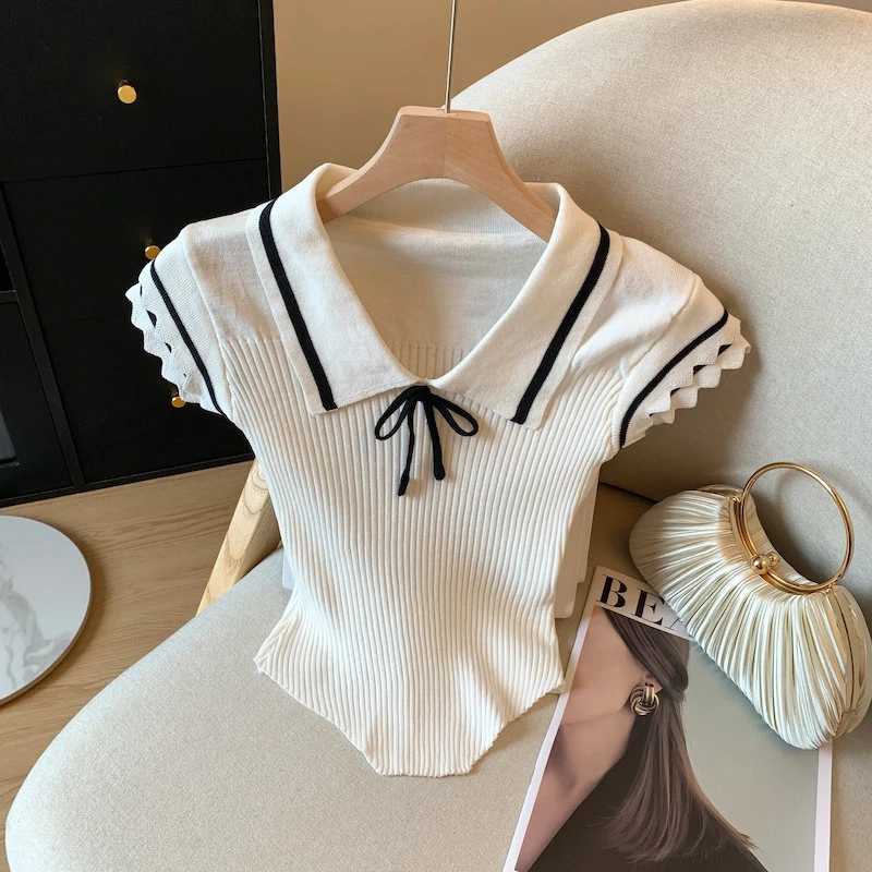 韩系撞色系带翻领短袖T恤女夏季新款学院风修身收腰甜美短款上衣