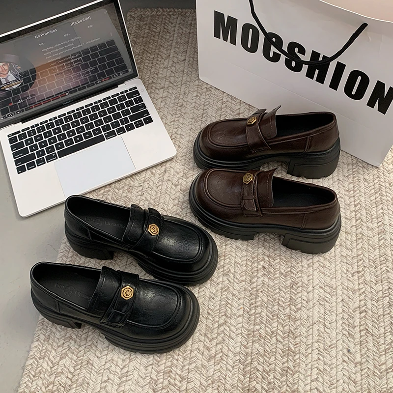 厚底乐福鞋女2025年春秋新款棕色通勤一脚蹬单鞋百搭增高小皮鞋女