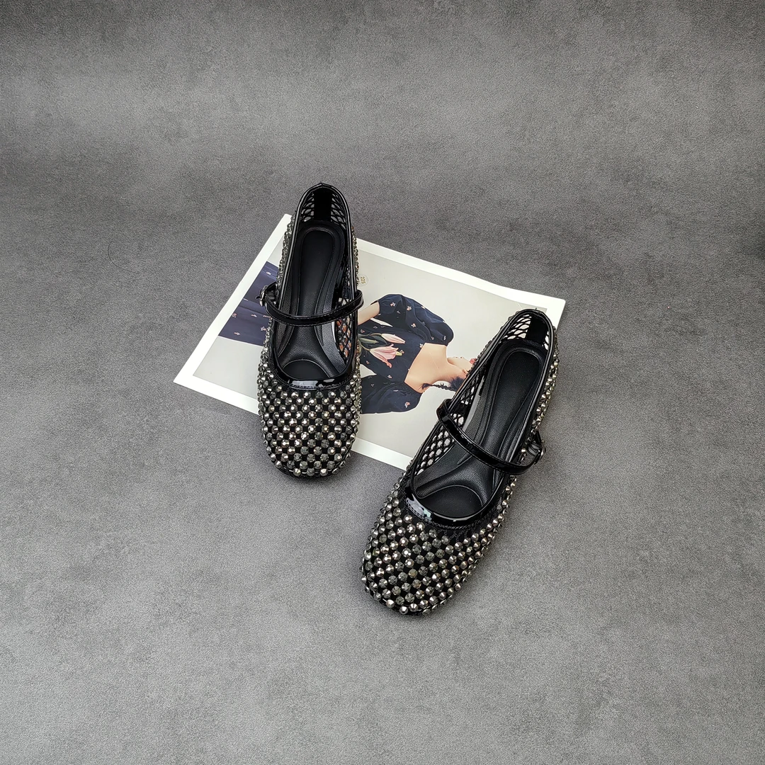 2025春新款小众圆头时尚浅口中跟玛丽珍镂空编织女单鞋-11585