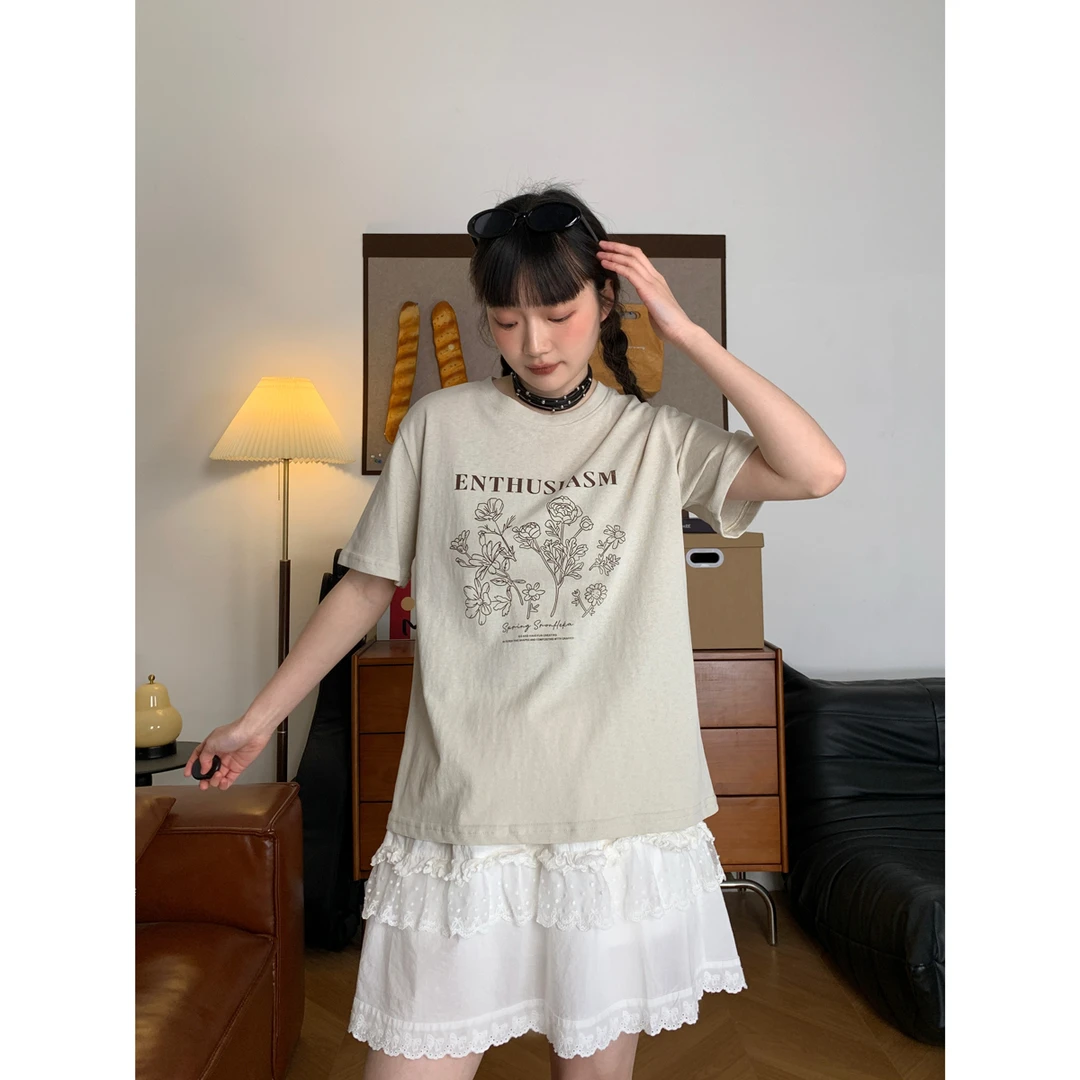 夏日小清新花朵设计感印花圆领短袖女夏季慵懒宽松休闲时尚上衣潮