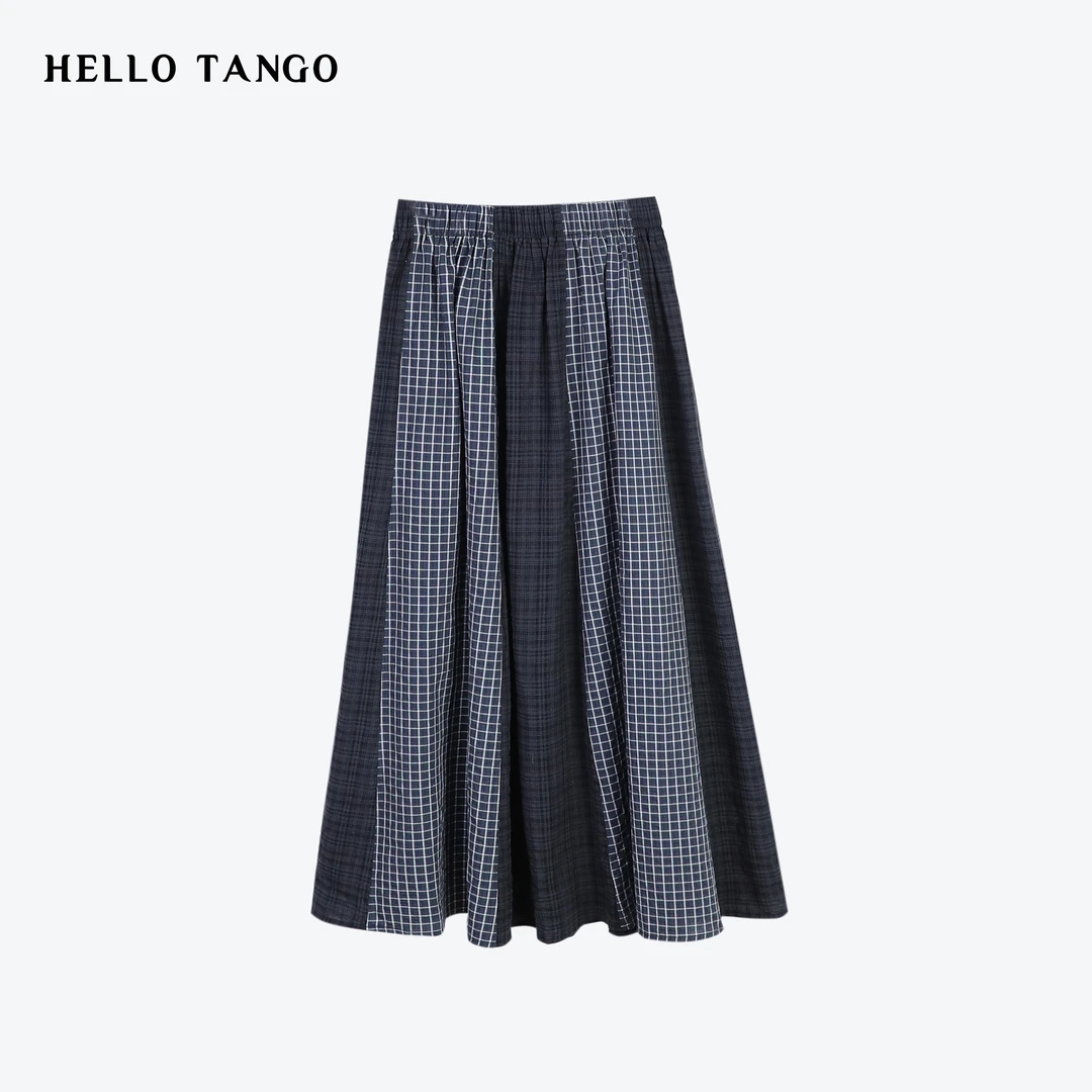 HELLOTANGO《原宿街头》小众设计日系格纹拼接显瘦半身裙241206#